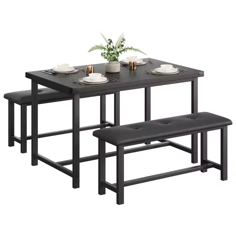 Kitchen Table Set with 2 Upholstered Benches for 4, Dining Room Metal and Wood Rectangular Table Set for Small Space, Apartment