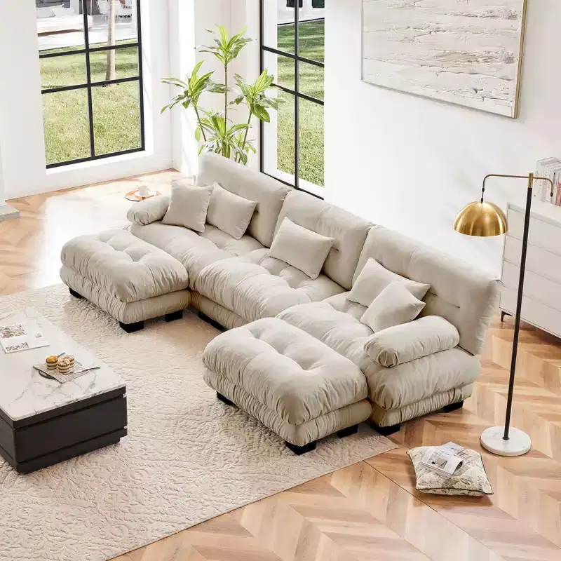 MAYEERTY Luxury Modular Sectional Sofa with 2 Ottoman U Shaped Cloud Couch for Living Room Light Coffee