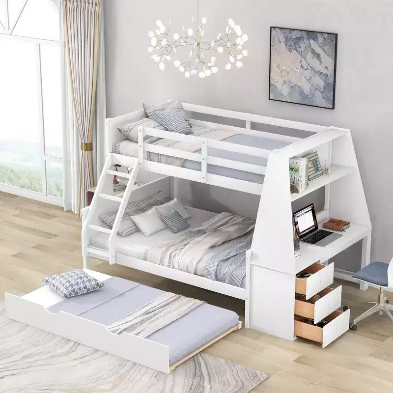 Twin over Full Multifunction Bunk Bed with Trundle & 3 Drawers Loft Bed with Built-in Desk & Shelf Pine Wood for Kids Teens, Easy Assemble