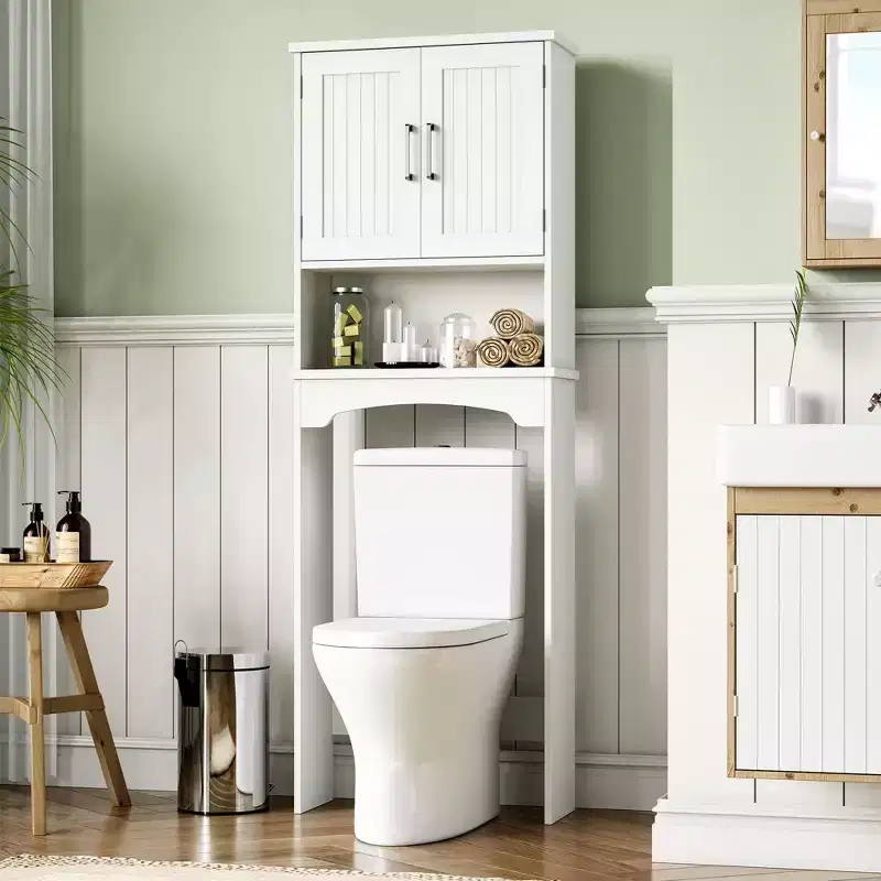 Over-The-Toilet Storage Cabinet with Double Doors and Open Shelf | Freestanding Bathroom Organiser for Toilet & Laundry Room