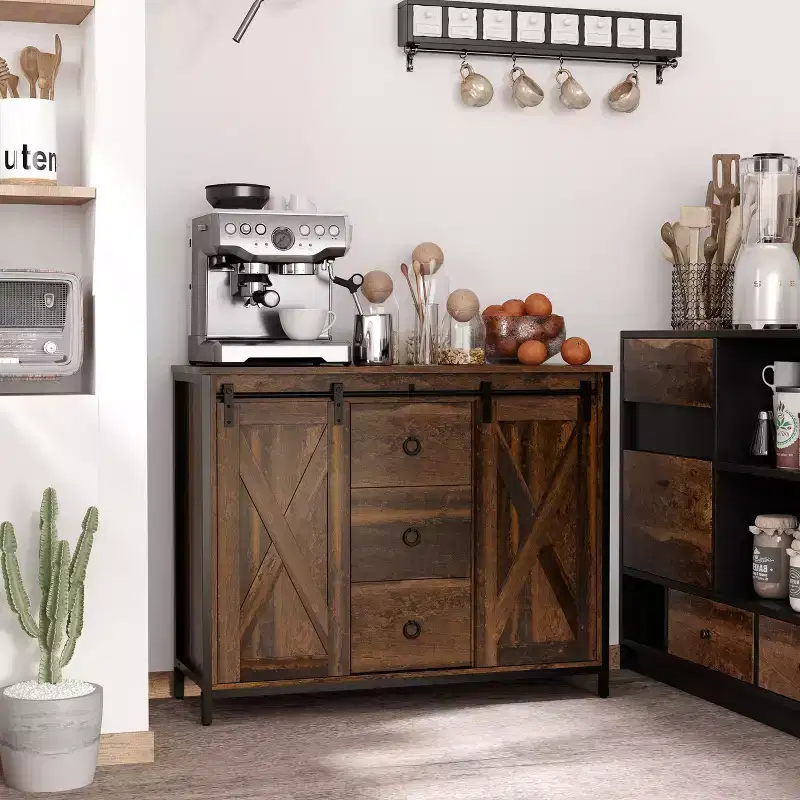 Rustic Farmhouse Buffet Cabinet – Sliding Barn Doors, 3 Drawers & Adjustable Shelf