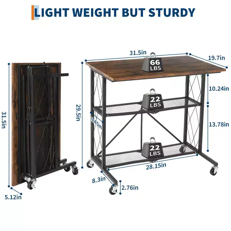 Metal Wire 3-Tier Foldable Shelf Rack with Wheels 29.84''H x 31.5''L x 22.05''W