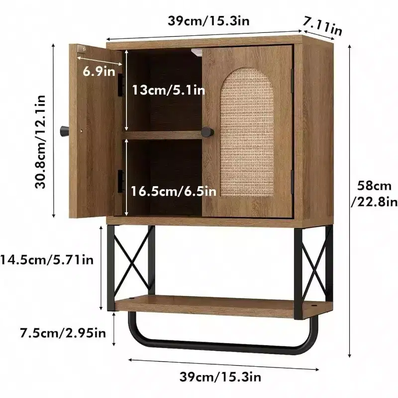 Rattan Bathroom Wall Cabinet Boho Over Toilet Storage with Arched Rattan Doors Modern Cabinet Adjustable Shelves