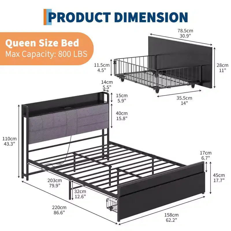 Queen Bed Frame with Storage Drawers & Charging Station, Upholstered Headboard Platform Bed, 800LB Capacity, No Box Spring Needed, Grey & Black