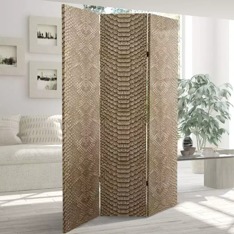 6ft Double Sided Snake Print Canvas Room Divider Tan No Assembly 3 Panels