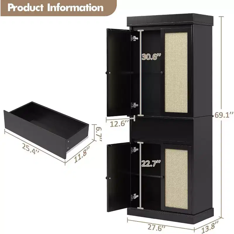 69 Modern Tall Rattan Storage Cabinet, Freestanding Cupboard with Doors, Adjustable Shelves, and Drawer for Bathroom, Dining Room, Living Room