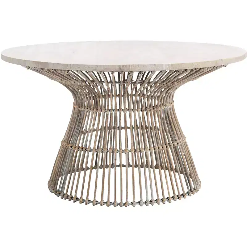 Round Coffee Table, Mango Wood Top with Rattan Base, Tropical Coastal Style