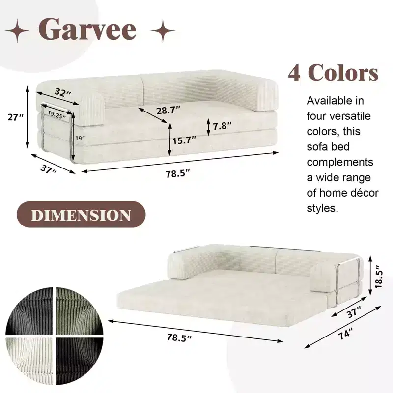 Corduroy Sleeper Sofa Bed,Folding Mattress Couch with Fixed-Shape Frame, 3 Seater Fold Out King Size Futon,No Assembly Floor Couch