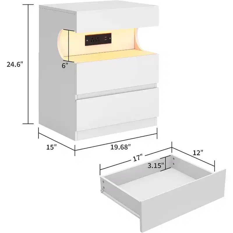 White Nightstand, Modern Bedside Table with Charging Station, 3 Drawer End Table with Ports & Outlets, U-Shape Open Shelf, White Night Stand