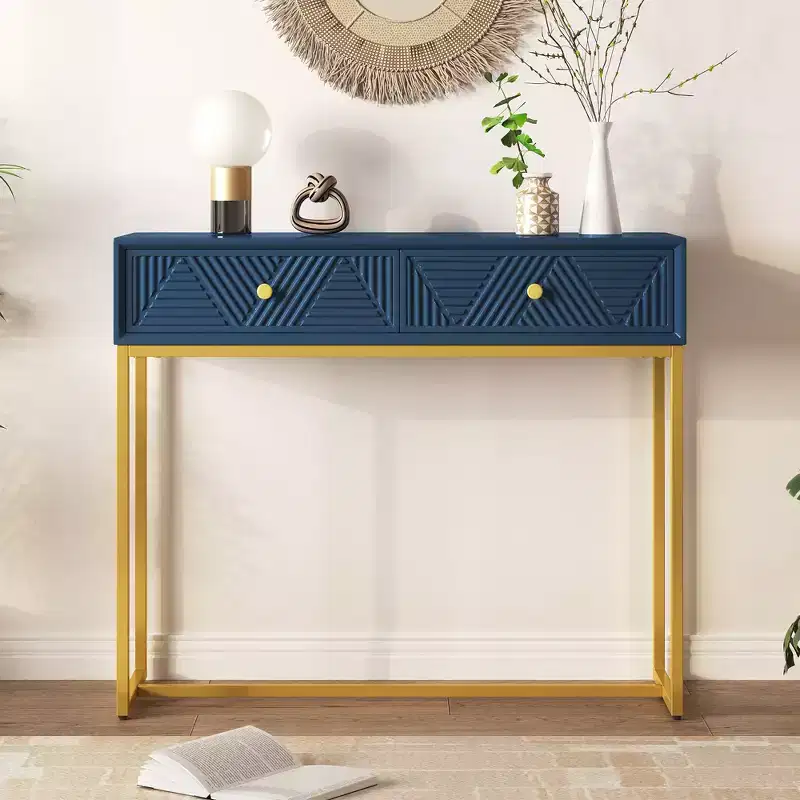 MAYEERTY Modern Narrow Console Table with Storage 2 Drawers Stripe Design for Living Room Hallway Navy