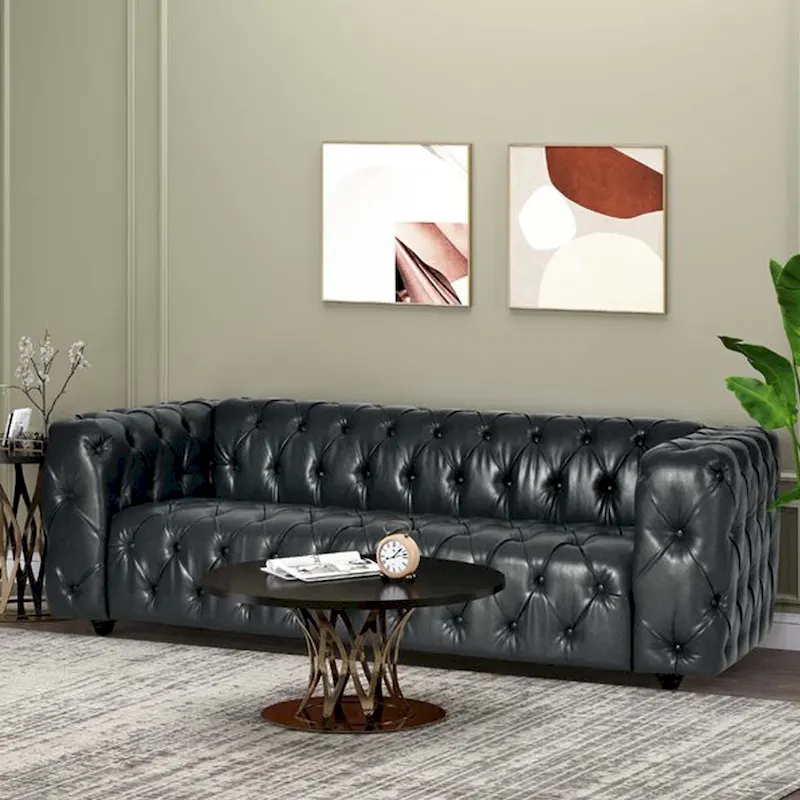Black Button-Tufted Faux Leather Sofa, 1-Seater, Wood Legs