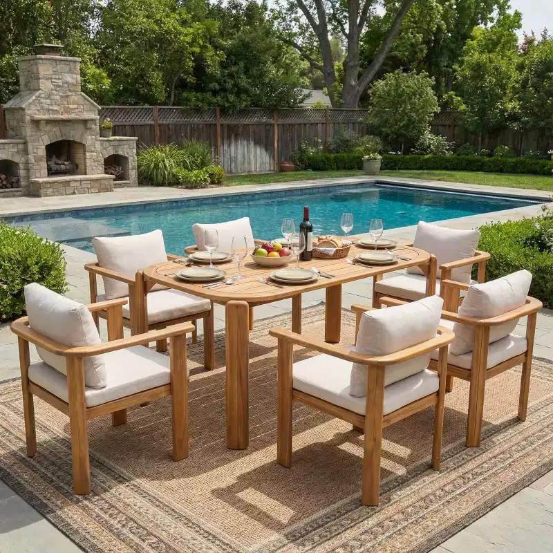 Christopher Knight Home Kaja Outdoor 7 Piece Acacia Wood Dining Set, Teak Finish Frame With Beige Cushion