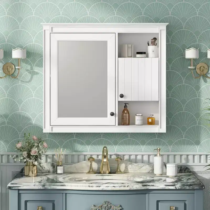 MAYEERTY 32 Bathroom Wall Cabinet with MIrrorWall Mounted Medicine Cabinet with 3 Shelves for Bathroom White