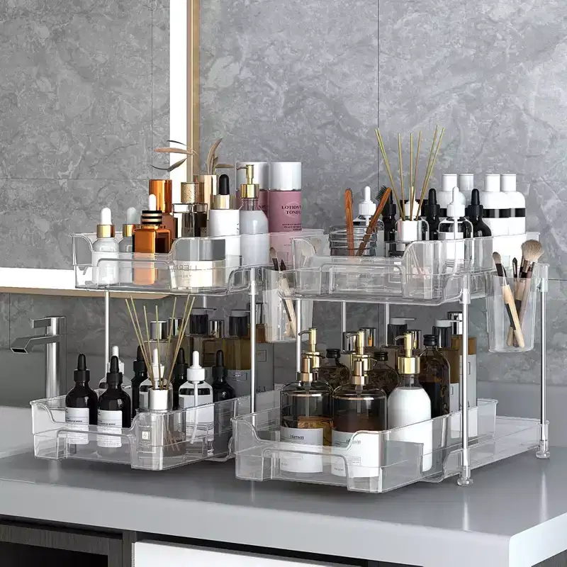 Pull Out Makeup Organizer, 2-Tier Clear Slide Out Shelves with Dividers, 8.3W11.4D8.6H for Kitchen/Bathroom