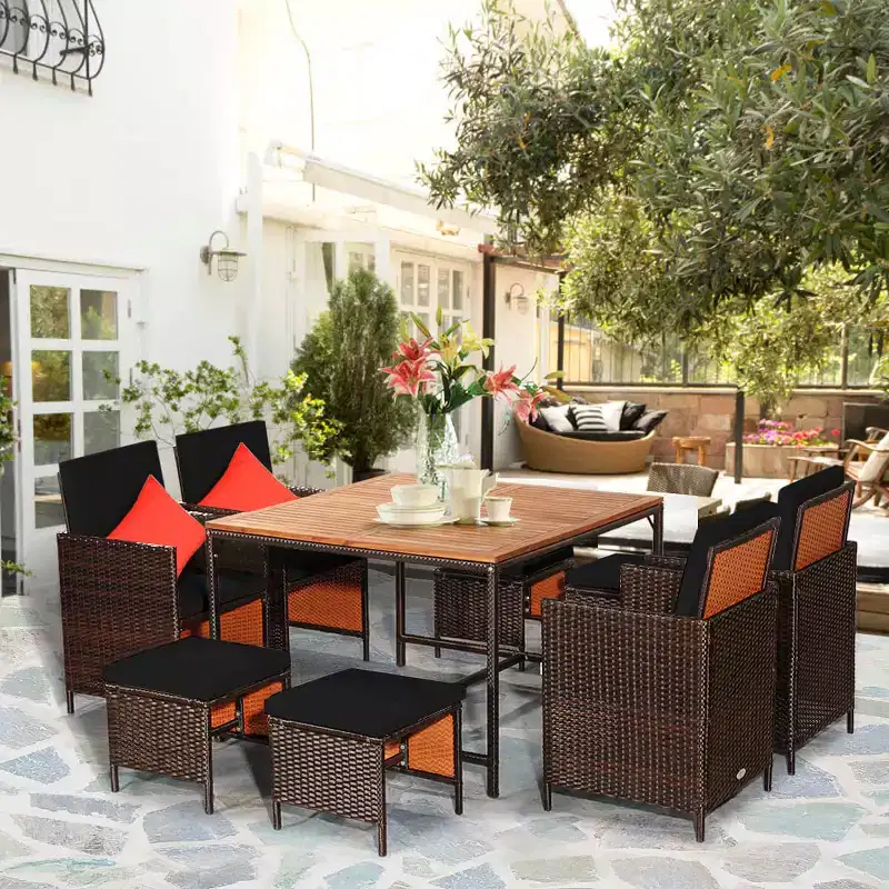 Costway 9PCS Patio Rattan Dining Set Cushioned Chairs Ottoman Wood Table Top White/Red/Black