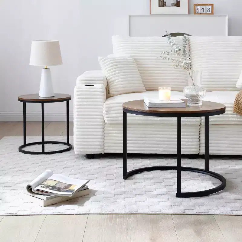 Round Nesting Table Set of 2, Removable Modern Side Table with Wooden Tabletop & Metal Frame, Industrial Stacking Side Table for Living Room
