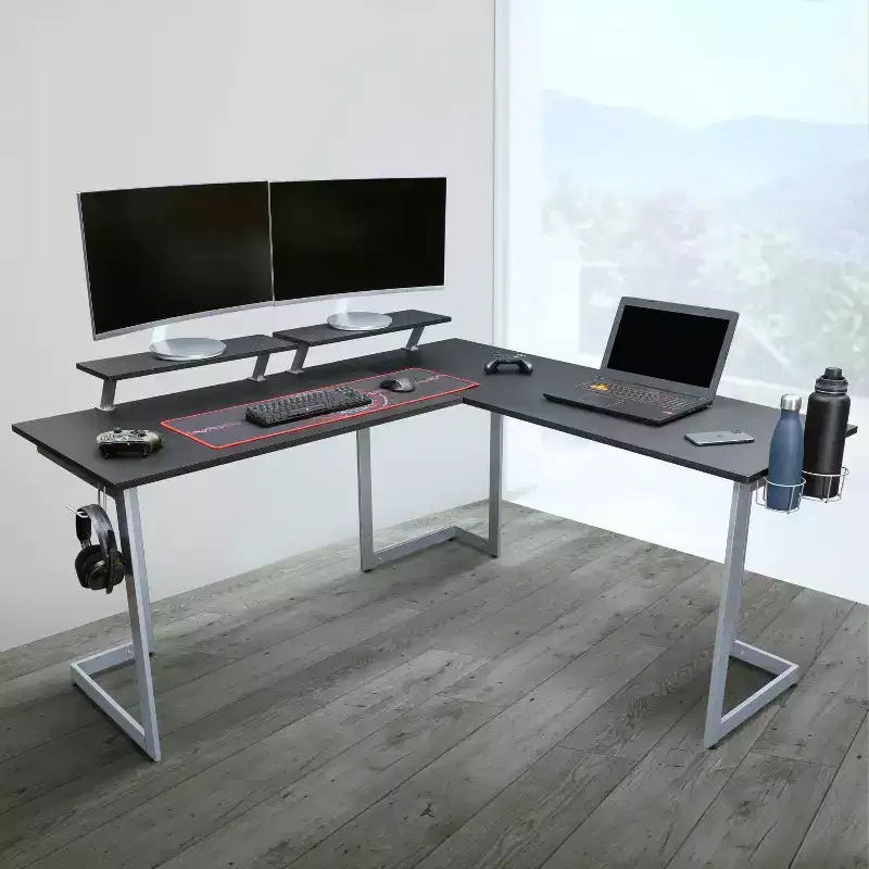 Black Carbon Fiber L-Shaped Gaming Desk with Monitor Shelves, 2-Person
