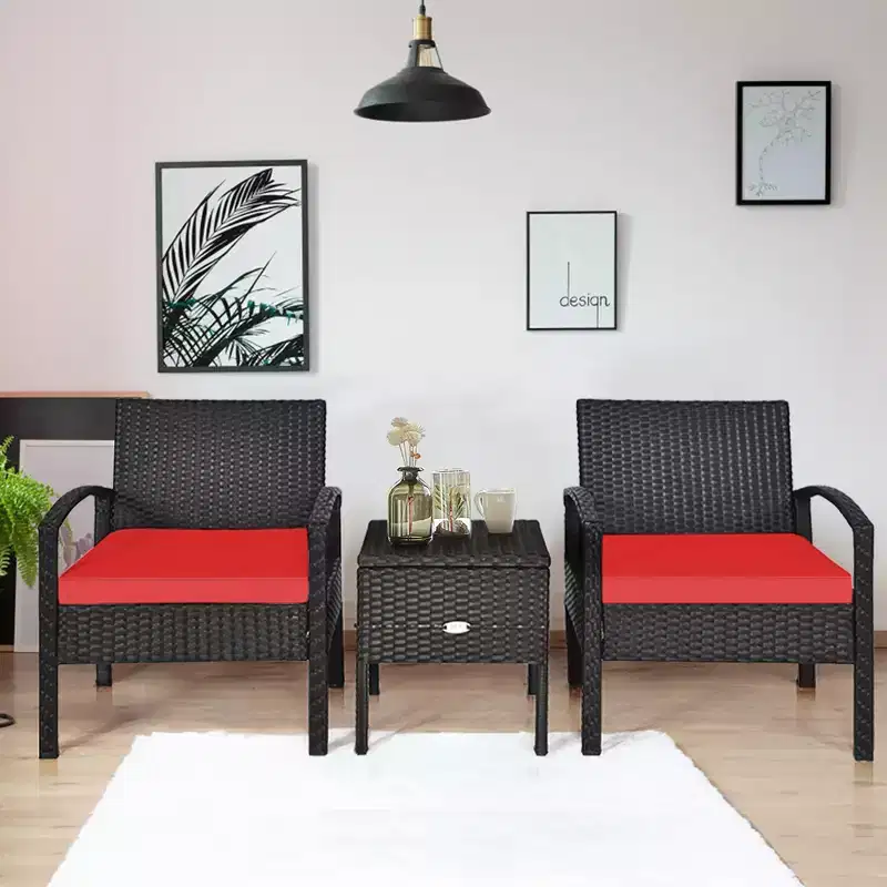 Costway 3PCS Patio Rattan Furniture Set Storage Table Cushioned Sofa Deck Red\Turquoise\White