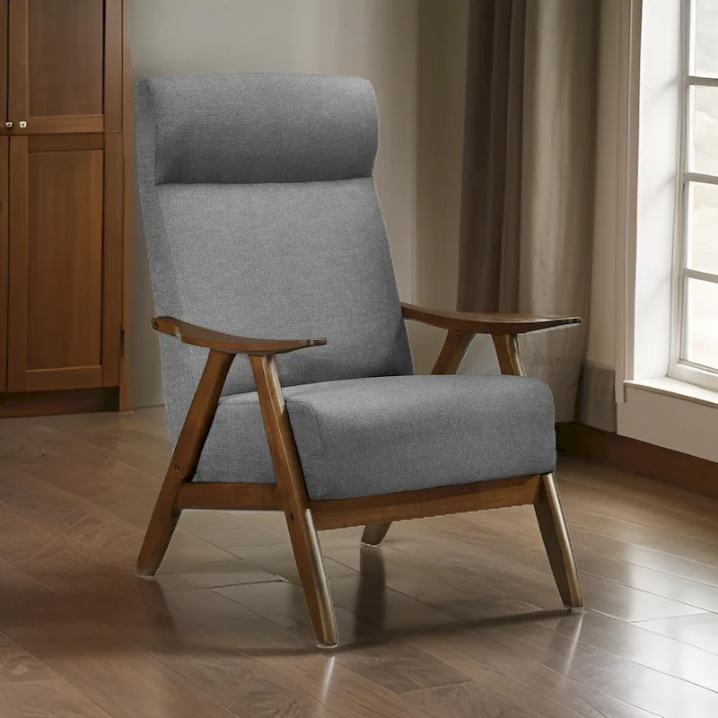Mary 32 Inch Accent Chair Armchair, Light Gray Polyester Linen, Solid Wood