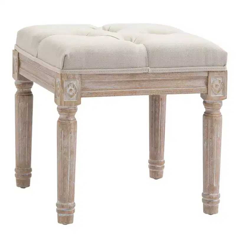 Beige Square Ottoman Footstool with Button Tufted Seat & Carved Legs, Single