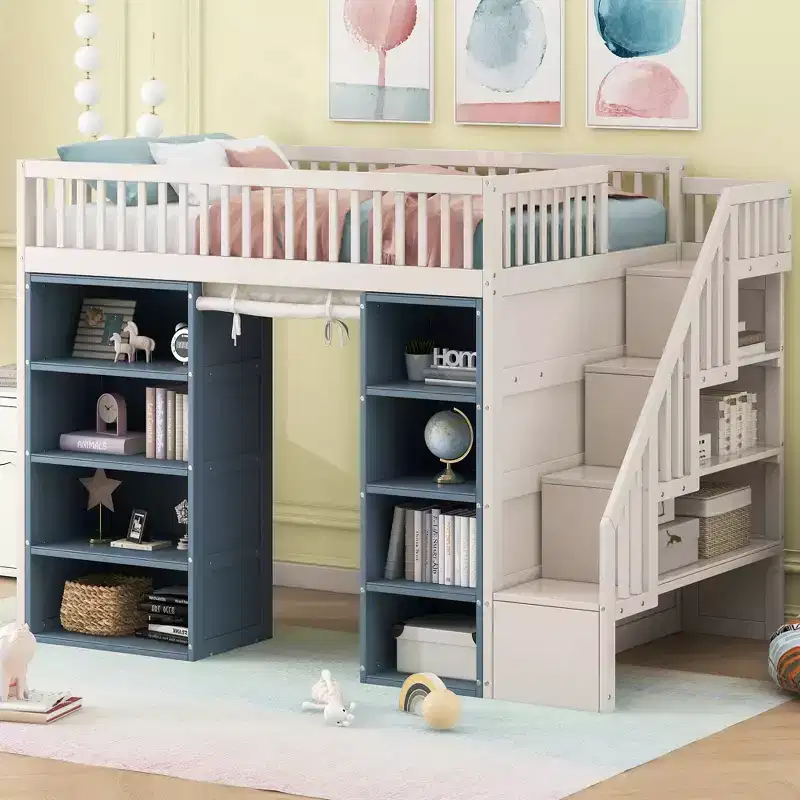 Clihome Full Size Loft Bed with 2 Four-layer Storage Cabinets and Curtain
