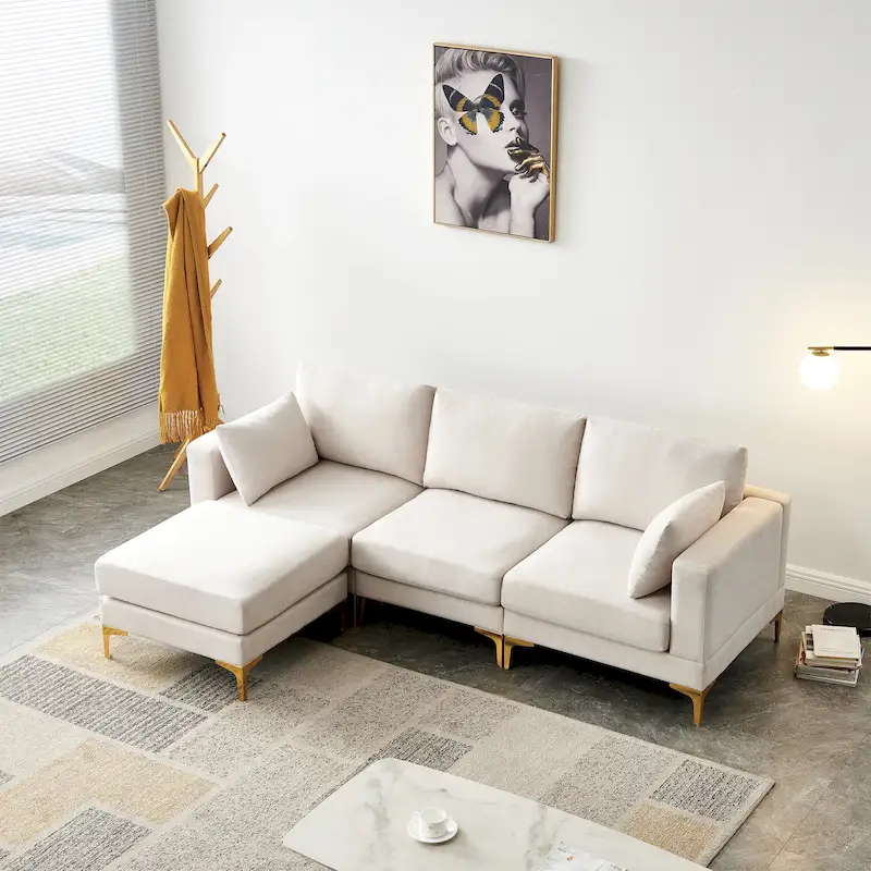 Christopher Knight Home - Beige L-Shape Sectional Sofa with Gold Metal Legs and Ottoman