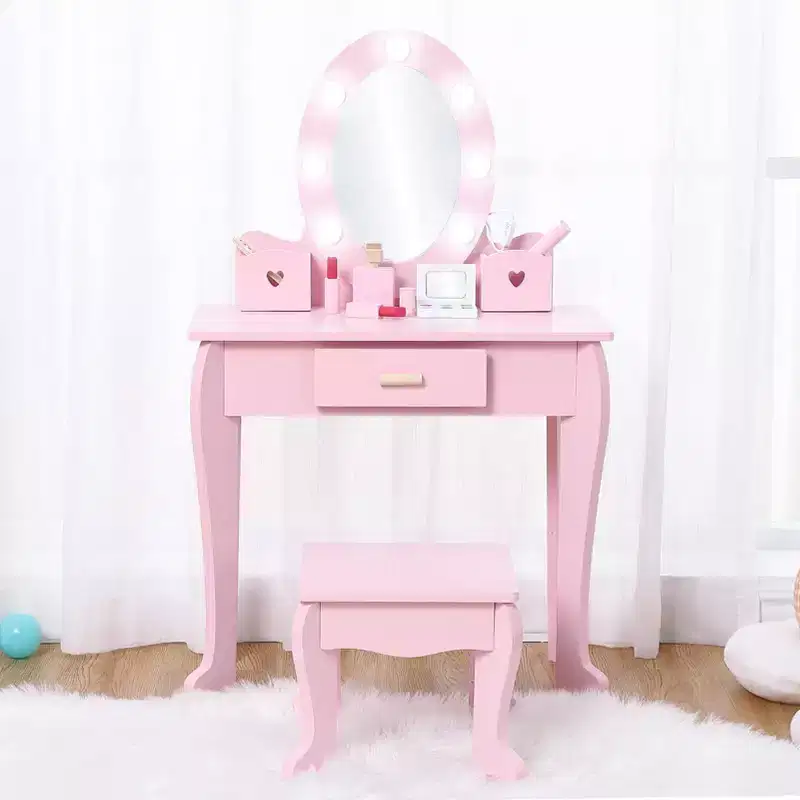 Kids Vanity Set with Mirror and Drawer - Pretend Play Dress-Up Fun, Lights & Wooden Makeup Playset for Girls 4-9 Yrs