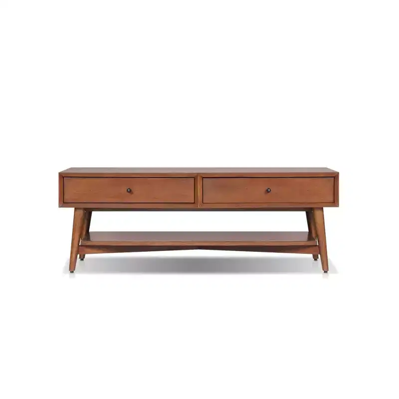 Chestnut Coffee Table with Felt-Lined Drawers & Open Shelf – Mid-Century Modern Wood