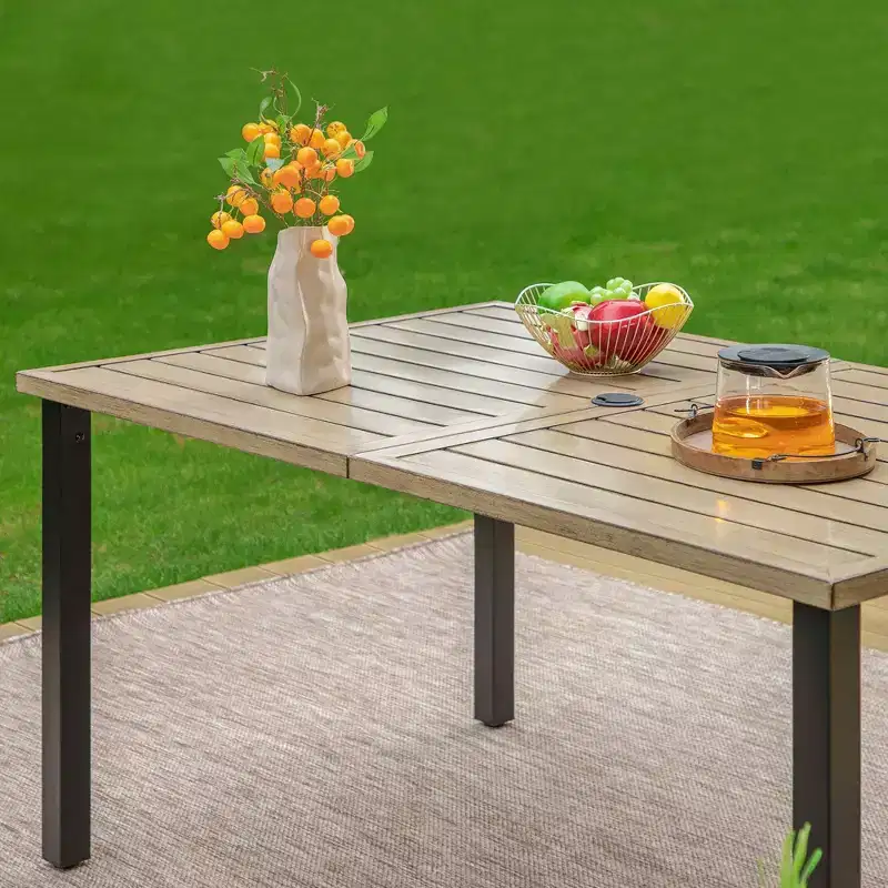 7pc Patio Dining Set with Wood Grain Tabletop & Metal Padded Arm Chairs - Captiva Designs