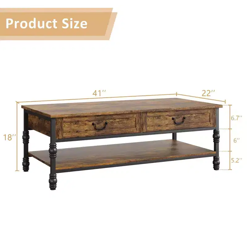 Coffee Table, 41'Rustic Coffee Table with 2 Storage Drawers - Rectangular Wood Table w/Metal Legs (Living Room/Office)