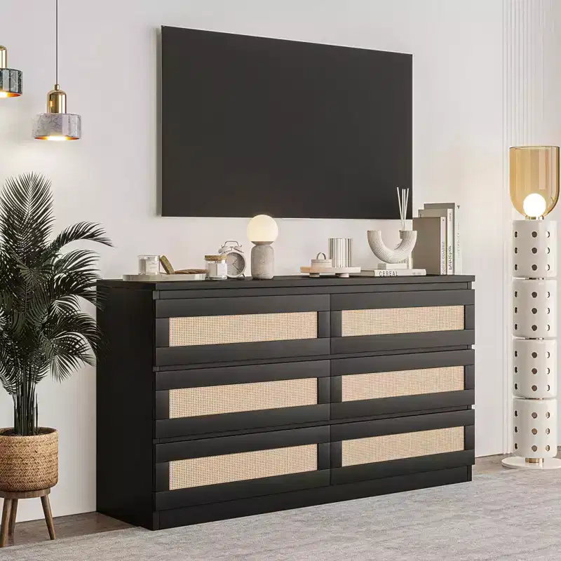 Rattan Dresser for Bedroom, 6 Drawer Double Dresser for Bedroom with Smooth Mental Slide, Modern Wood Chest of Drawers, Black