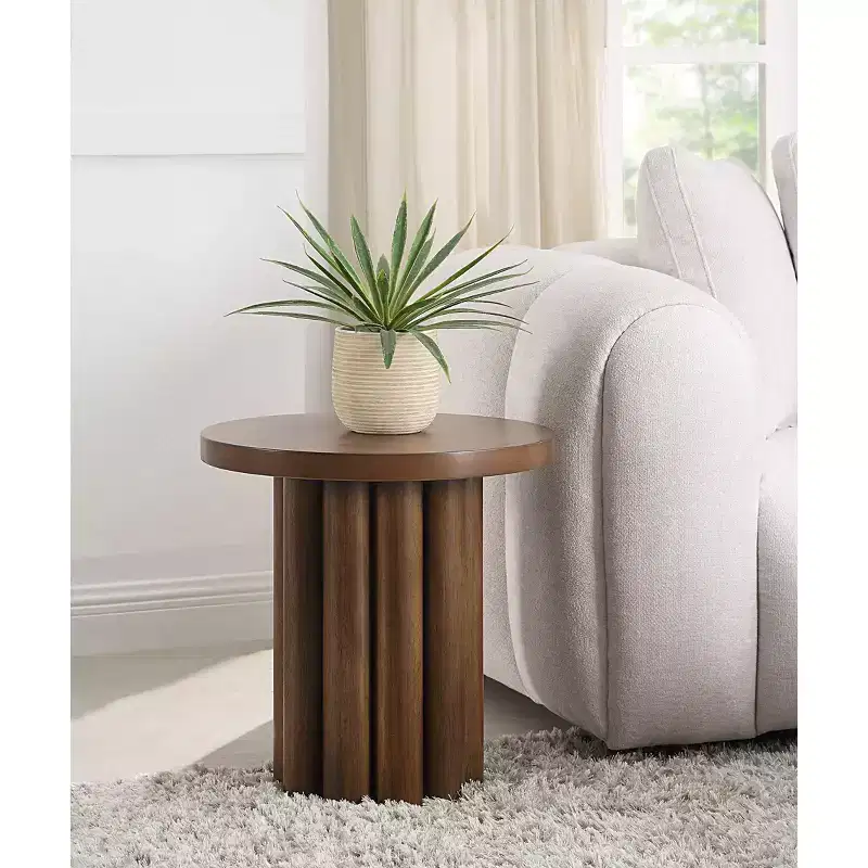 Vintage Round Side Table with Wooden Color Finish, Accent Table with Thick Tabletop, End Table for Living Room, Bedroom, Brown