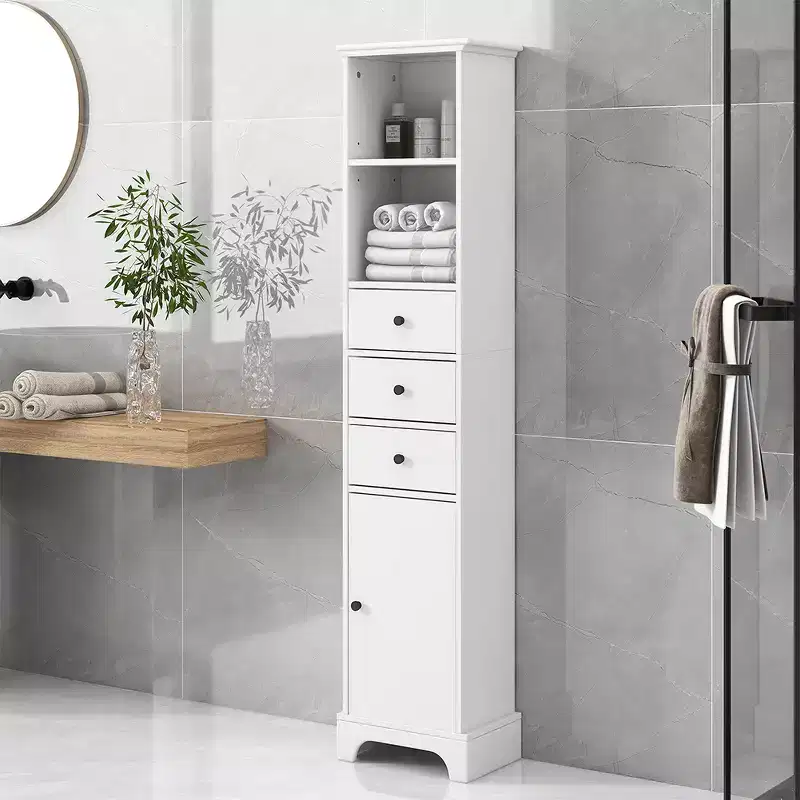 Freestanding Storage Cabinet, MDF Floor Cabinet with 3 Drawers, 2 Open Storage Shelf and 1 Door for Bathroom Kitchen Living Room