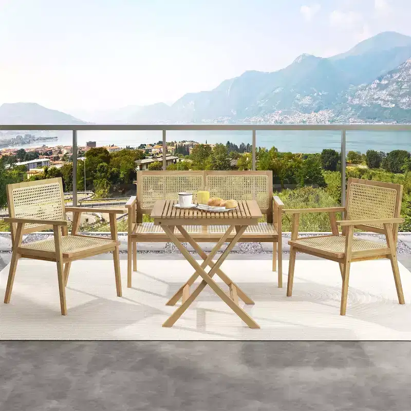 Costway Patio Bistro Table Chair Set with Natural Rattan Seat Indonesia Teak Wood Frame Space Saving