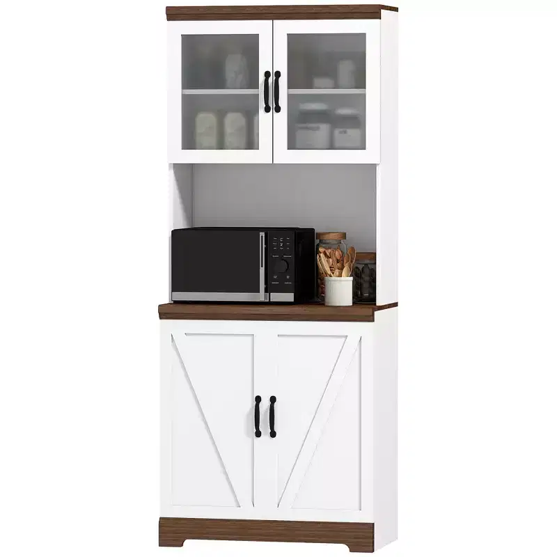 70 Farmhouse Pantry Cabinet, Kitchen Hutch Storage Cabinet with Glass Doors, Adjustable Shelves, Open Microwave Countertop