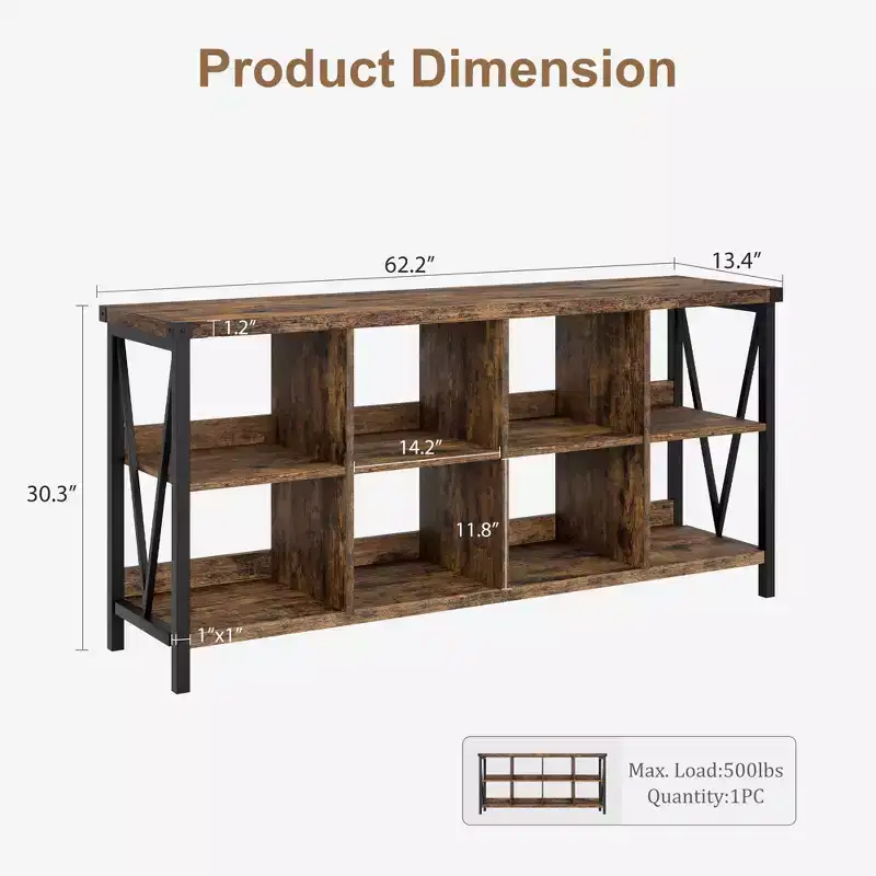 8-Cube Storage Organizer & 62 Farmhouse Bookshelf - Modern Wood Bookcase with Cubes, Long Storage Unit for Living Room, Entryway,Office