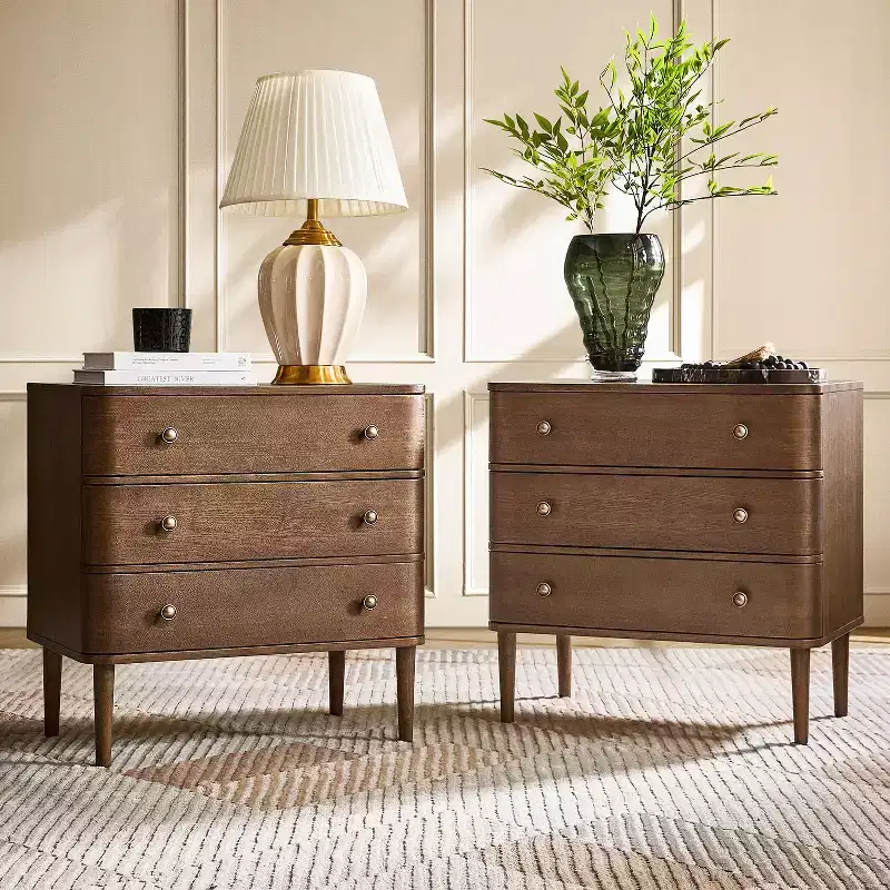 Noah Modern 26W 3-Drawer End Table Set of 2 with Solid Wood Legs Built-in Outlet|ART OF LIVING DESIGNS-WALNUT