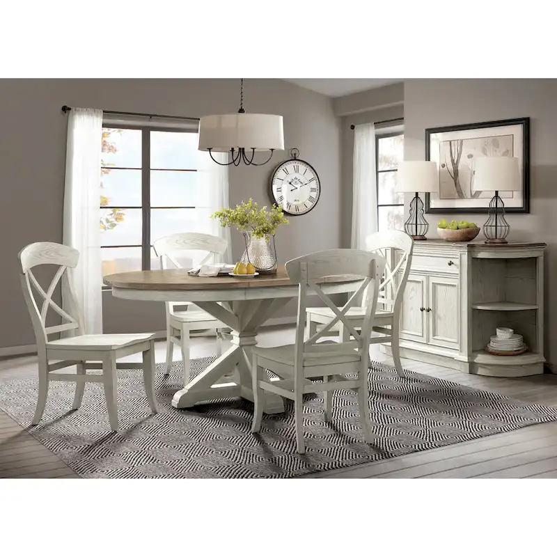 Roundhill Furniture Harola 7-Piece Dining Set, Round Pedestal Dining Table with 18 Leaf, 6 Side Chairs