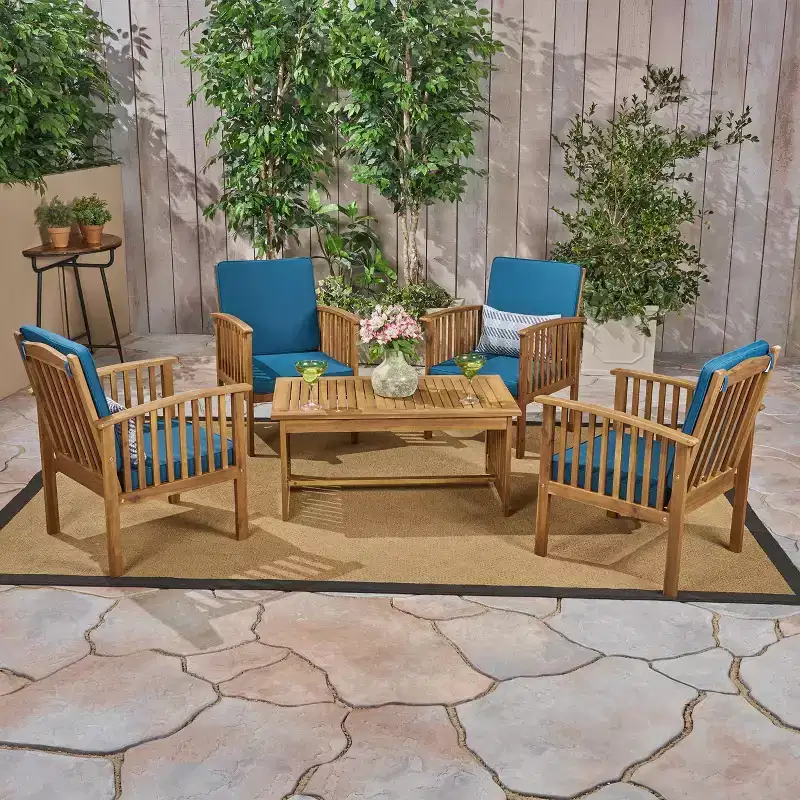 Carolina 5pc Acacia Club Chairs with Coffee Table Brown Patina Finish/Dark Teal - Christopher Knight Home: Weather-Resistant Outdoor Seating Set