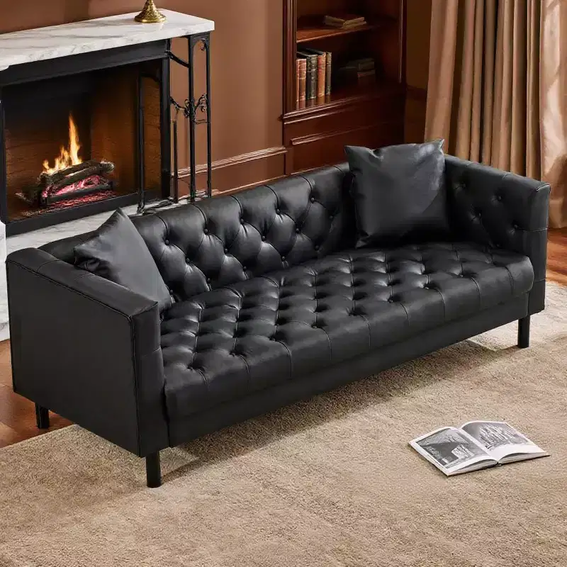 78 Leather Couch, Handmade Button Tufted 3 Seater Sofa, Chesterfield Sofa with Deep Seat and 2 Pillows, Leather Sofa, Charcoal Black