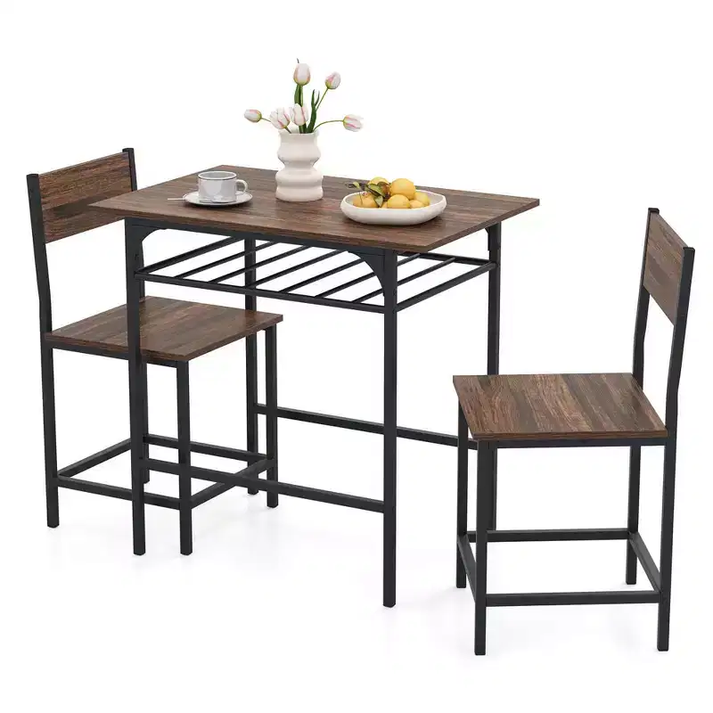 Costway 3-Piece Wood Rectangular Table & Chair Set Dining Table Set with Metal Frame Brown/Gray