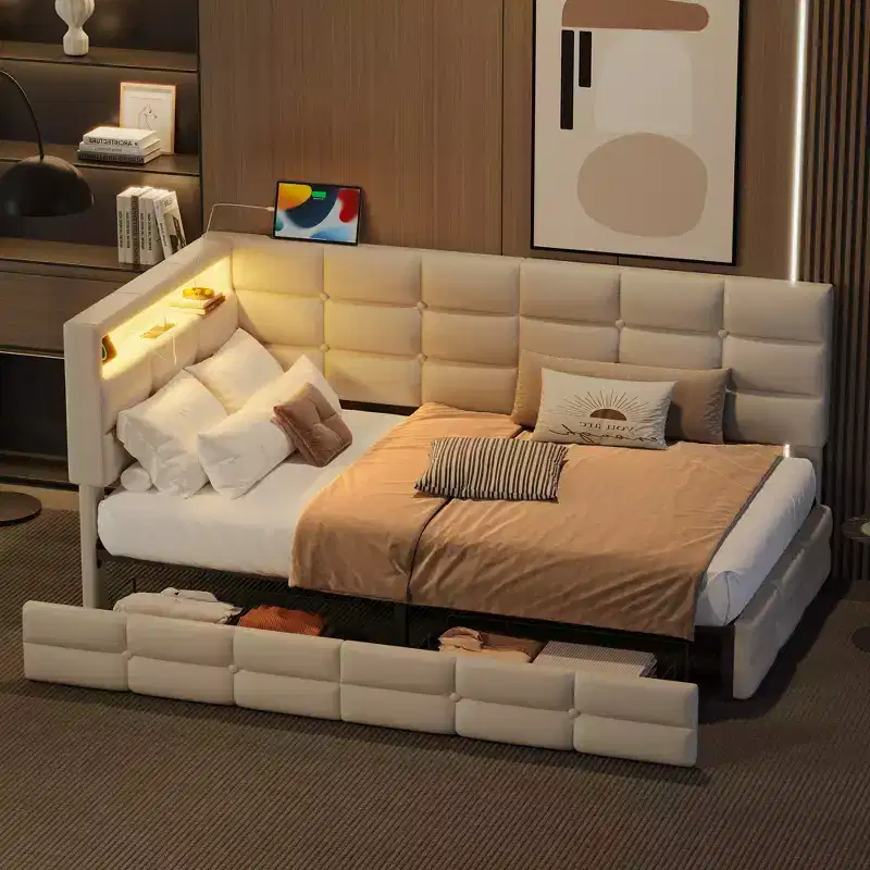 Twin Size Upholstered Daybed With 2 Drawers, Charging Station, LED Lights and Storage Headboard