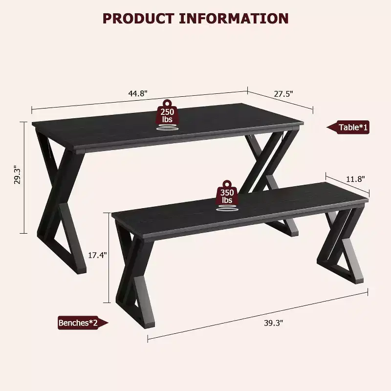 Rectangular Kitchen Table Set with Sturdy Metal Frame, Dining Table with Benches for 4, Space-Saving Design for Kitchen, Dining Room, and Apartment