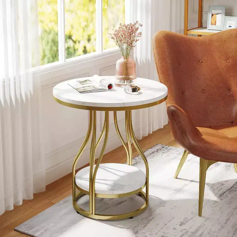 LITTLE TREE Modern 2 Tier Round Side End Table with Storage for Living Room White/Gold