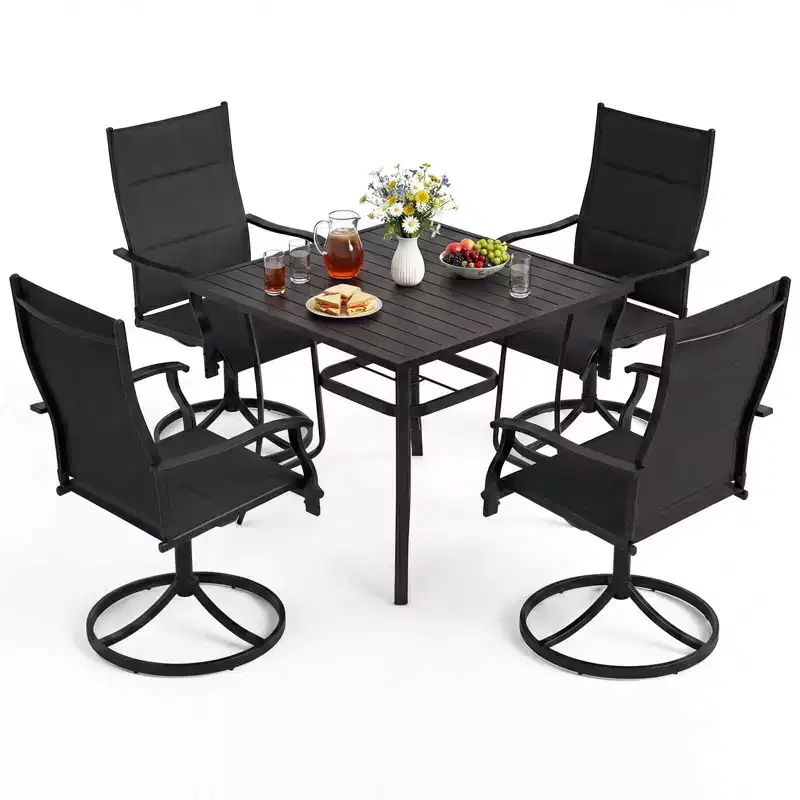 Costway 5PCS Outdoor Dining Set, 4 Swivel Chairs & Square Patio Table with Umbrella Hole Black + Brown/Black