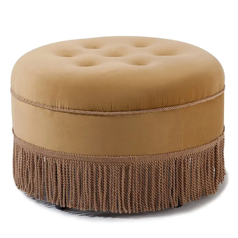 Velvet Round Accent Ottoman with Tassel Fringe, Vintage Tufted, Single Seat