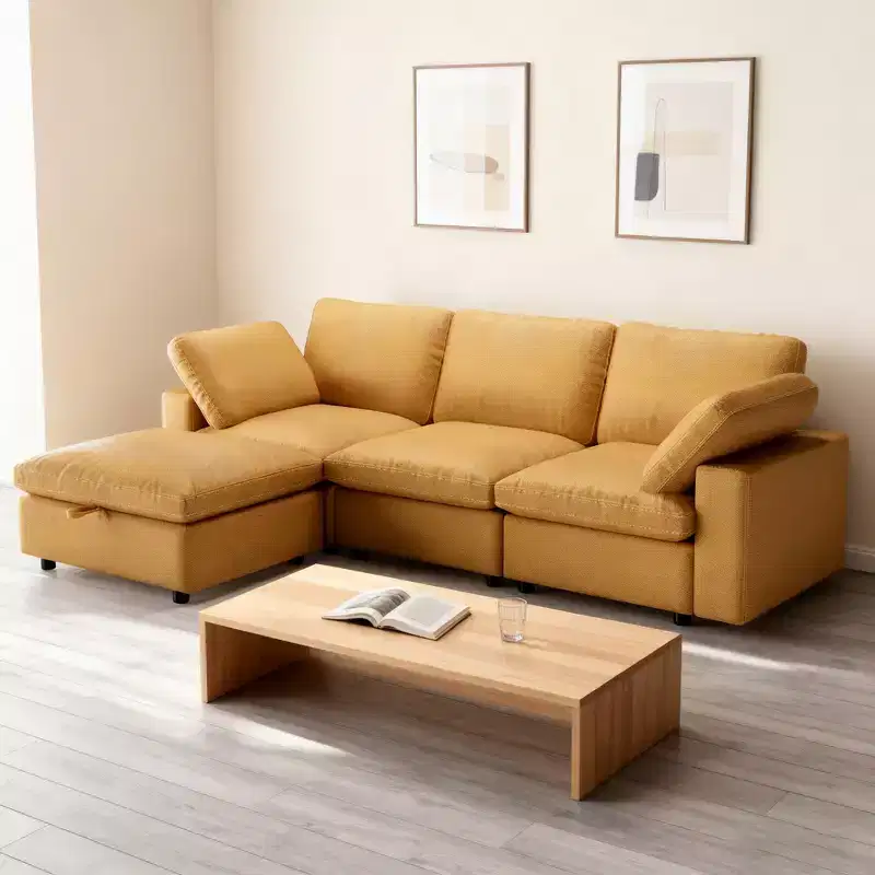 Dyonery 100 Faux Leather Cloud Sofa with Ottoman, L-Shaped Modular Sectional CouchesPet-Friendly Scratch Resistant PU Fabric,Tool Free Assembly