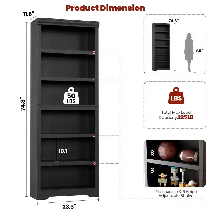 75 Farmhouse Tall Bookshelf, 6 Tier Open Bookcase with Adjustable Shelves, Anti-Tip Freestanding Display Storage Organizer for Home Office & Room