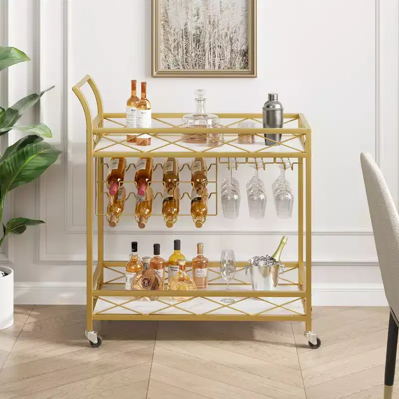 Gold Bar Carts with 2-Tiers Storage Shelves, Mobile Kitchen Seving Carts on Wheels with Wine Rack and Glass Holder for Kitchen, Living Room