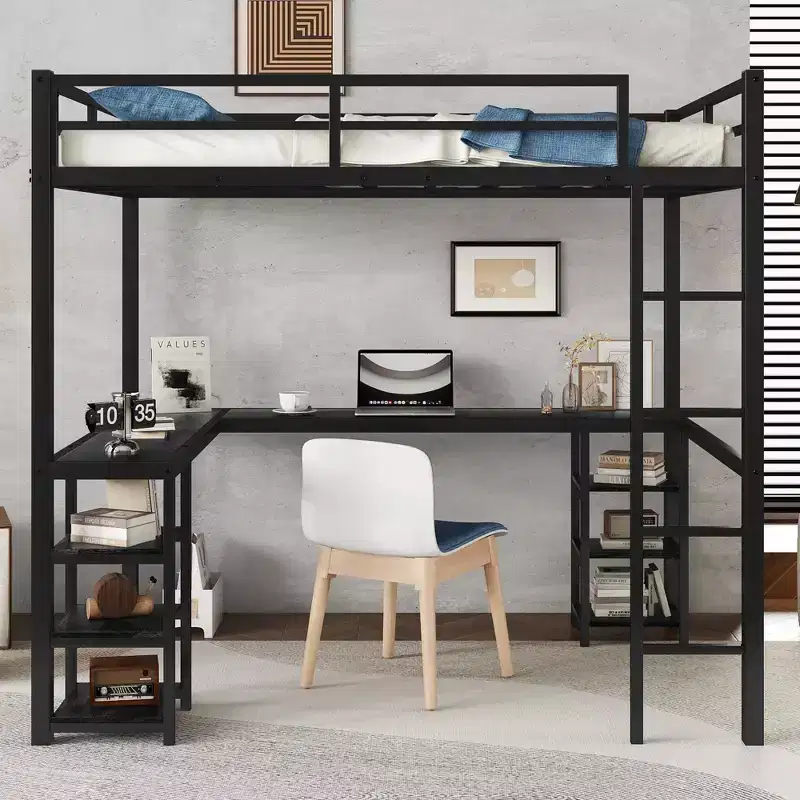 Bellemave Full & Full XL Metal Loft Beds with Desk, Bookshelf & Shelves, L-Shaped Space-Saving Bed Frame with Ladder & Guardrails, Black